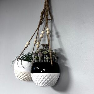 Two Bohemian Jute Hanging Planters Home Decor Accents Faux Plants, Free mini Pot